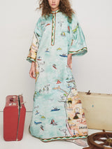 Modern Satin Art Island Print Slit Maxi Dress - Threadford