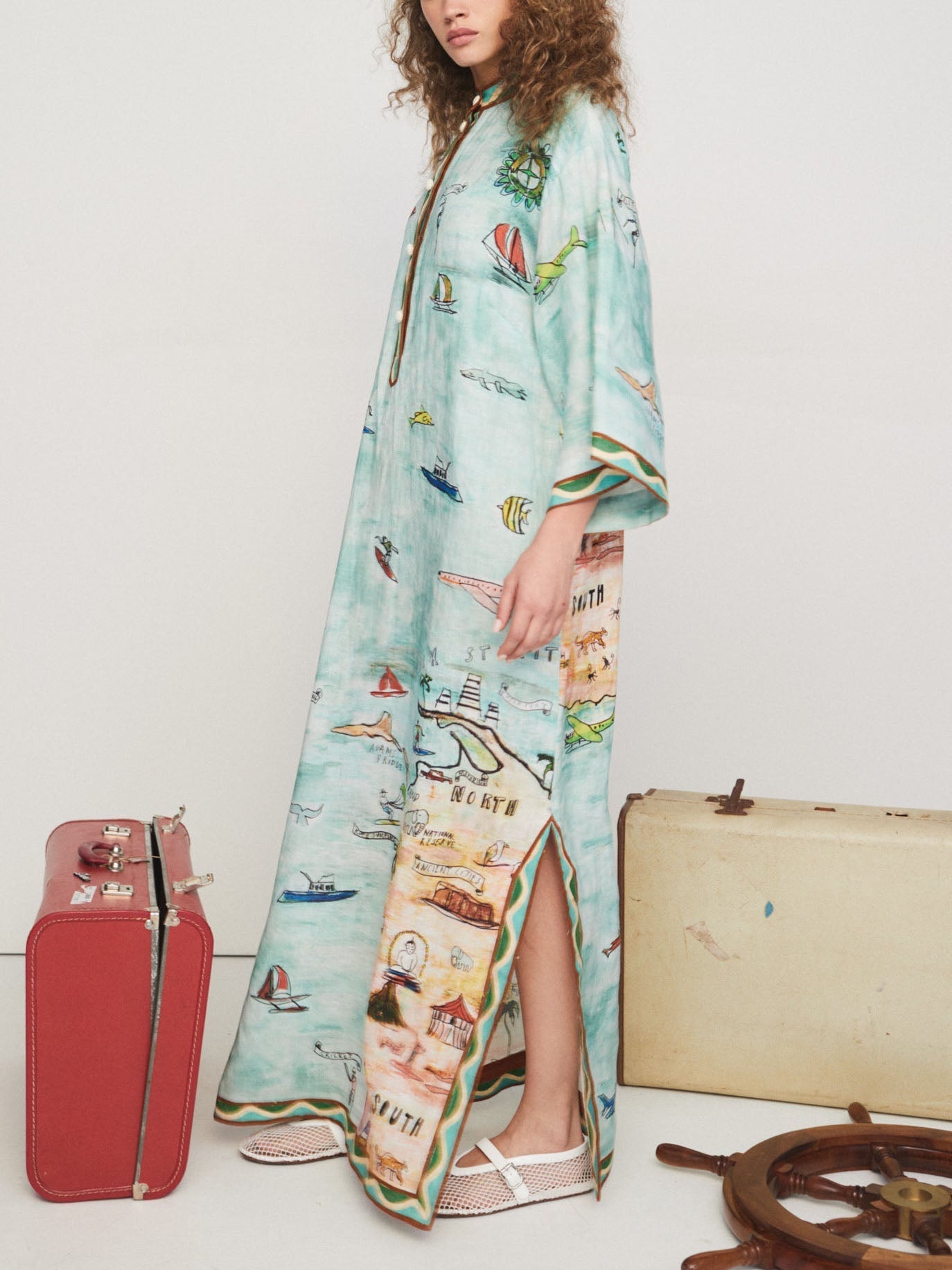 Modern Satin Art Island Print Slit Maxi Dress - Threadford