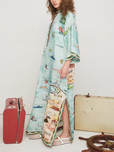 Modern Satin Art Island Print Slit Maxi Dress - Threadford