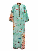 Modern Satin Art Island Print Slit Maxi Dress - Threadford