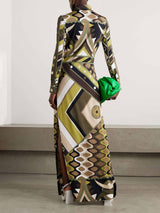 Retro Personality Abstract Print Long Sleeve Maxi Dress - Threadford