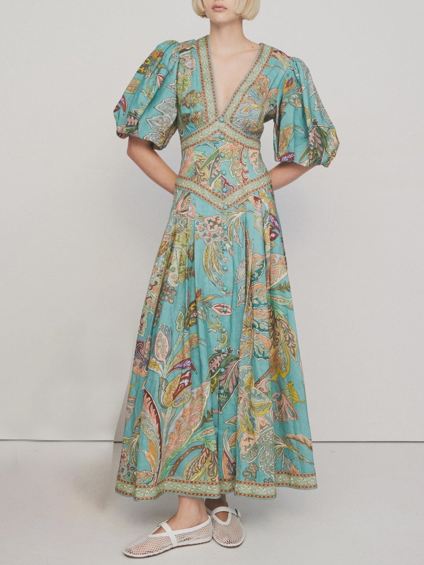 Unique Satin Vintage Floral Print Puff Sleeve Midi Dress - Threadford