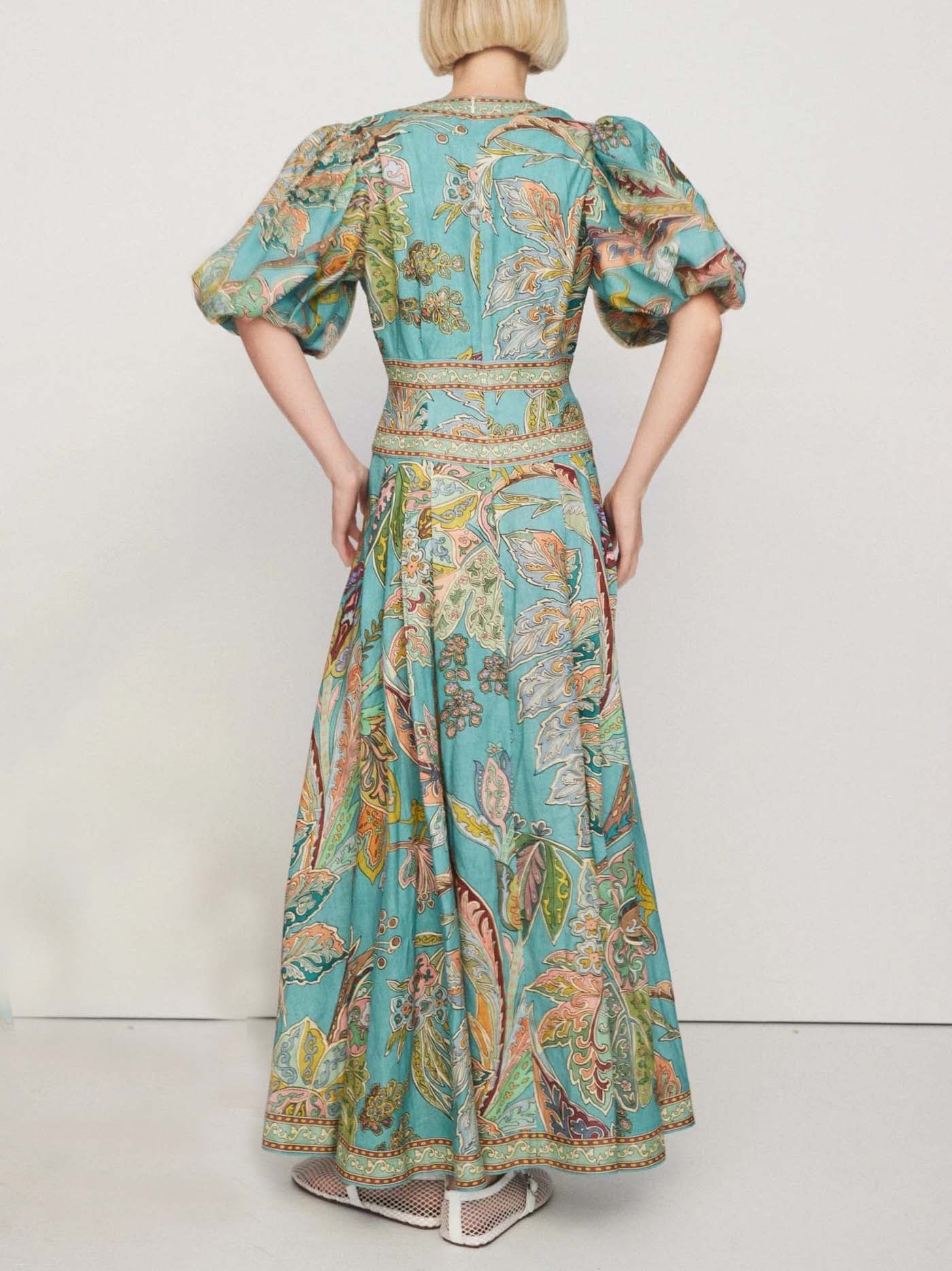 Unique Satin Vintage Floral Print Puff Sleeve Midi Dress - Threadford