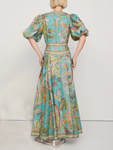 Unique Satin Vintage Floral Print Puff Sleeve Midi Dress - Threadford