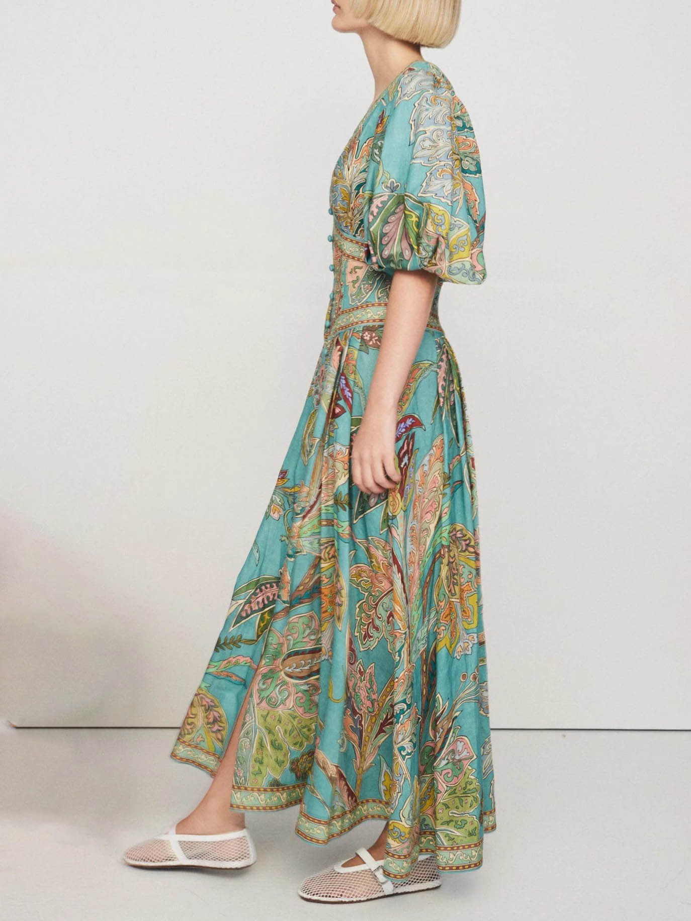 Unique Satin Vintage Floral Print Puff Sleeve Midi Dress - Threadford