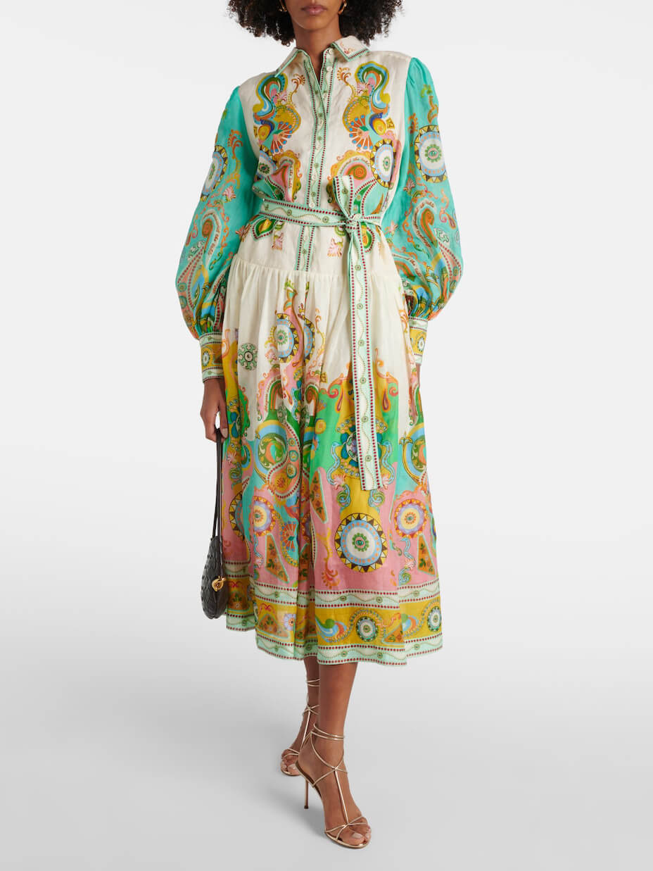 Unique Exquisite Fashion Print Puff Sleeve Tie Midi Dress - Threadford