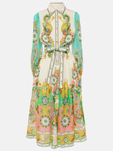 Unique Exquisite Fashion Print Puff Sleeve Tie Midi Dress - Threadford