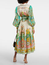 Unique Exquisite Fashion Print Puff Sleeve Tie Midi Dress - Threadford