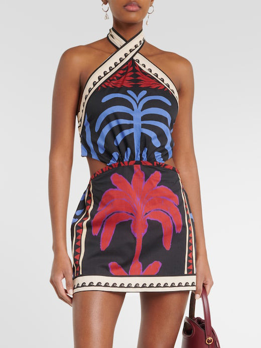 Unique Summer Print Halter Neck Mini Dress - Threadford