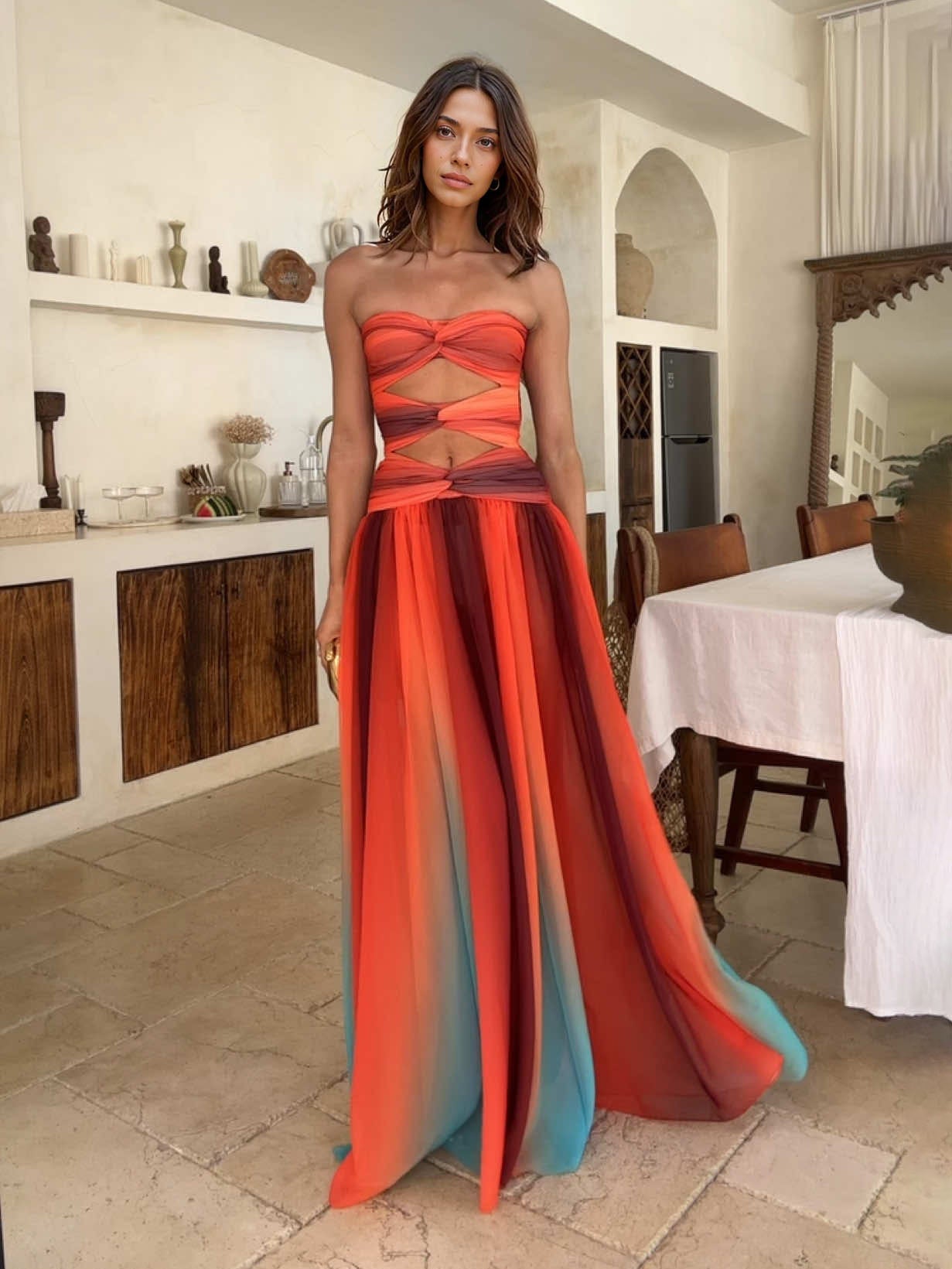Fashion Sexy Gradient Print Hollow Party Maxi Dress - Threadford