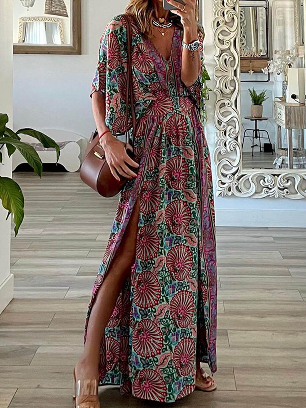 Bohemian Fashion V-Neck Printed Loose Maxi Dress - Threadford