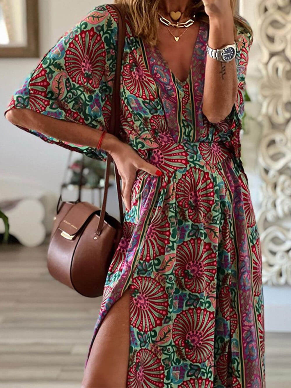 Bohemian Fashion V-Neck Printed Loose Maxi Dress - Threadford