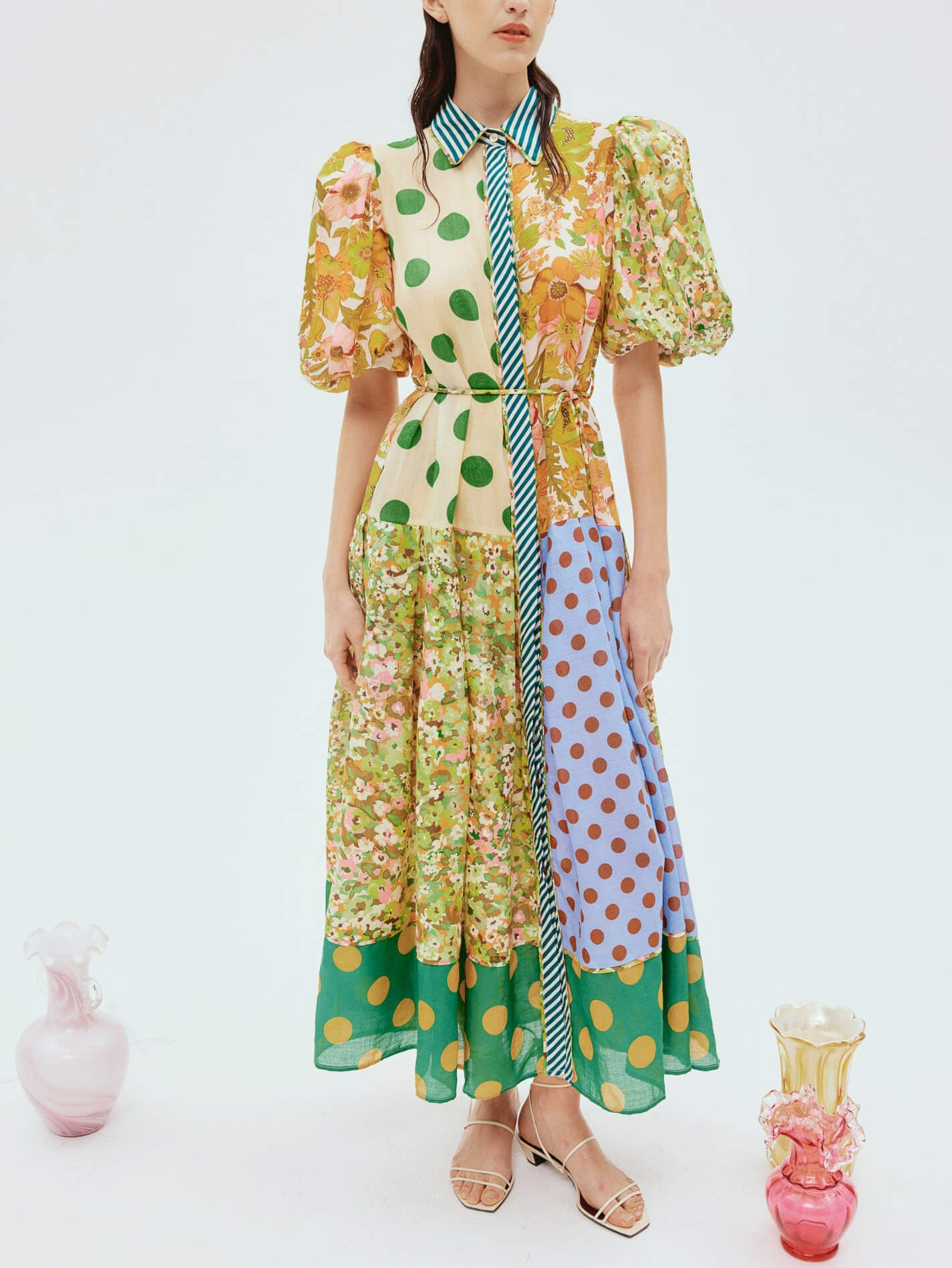 Exquisite Retro Floral Print Puff Sleeve Midi Dress - Threadford