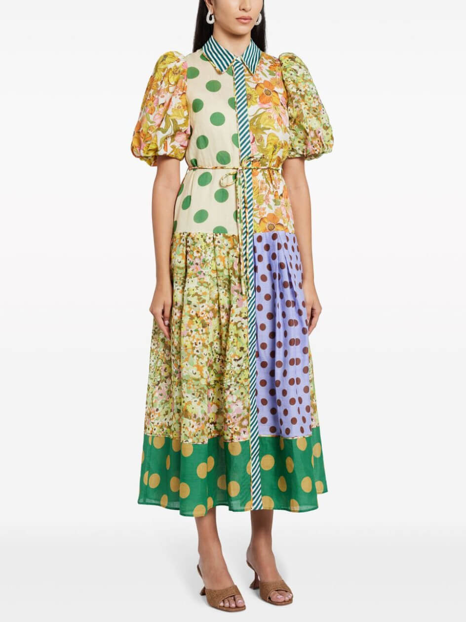 Exquisite Retro Floral Print Puff Sleeve Midi Dress - Threadford