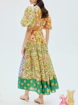 Exquisite Retro Floral Print Puff Sleeve Midi Dress - Threadford