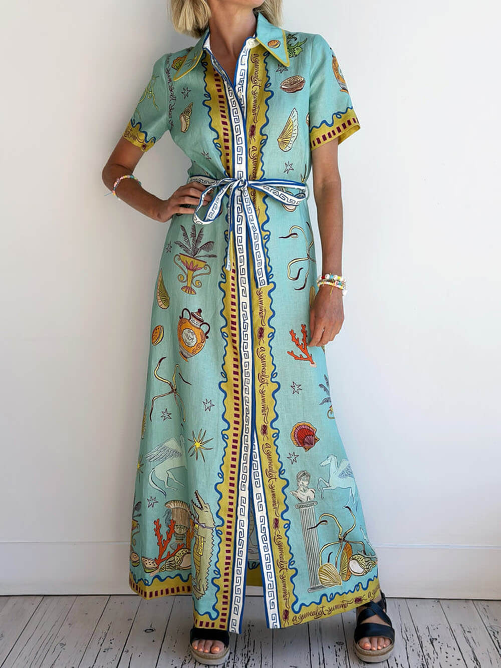 Modern Surrealist Unique Ocean Print Summer Maxi Shirtdress - Threadford
