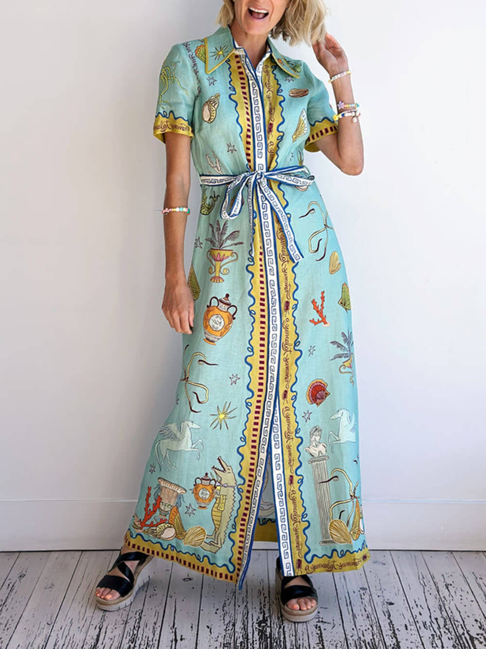 Modern Surrealist Unique Ocean Print Summer Maxi Shirtdress - Threadford
