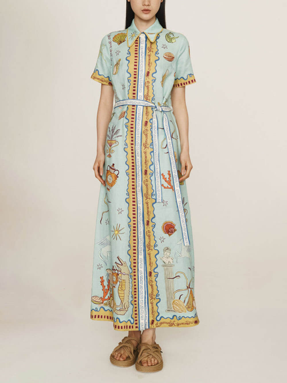 Modern Surrealist Unique Ocean Print Summer Maxi Shirtdress - Threadford