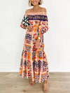 Retro Island Lover Printed Off The Shoulder Pocketed Flowy Midi Dress - Threadford