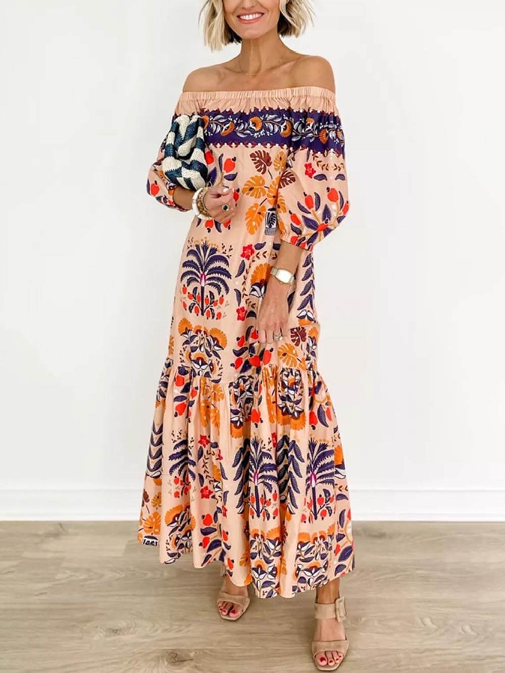 Retro Island Lover Printed Off The Shoulder Pocketed Flowy Midi Dress - Threadford