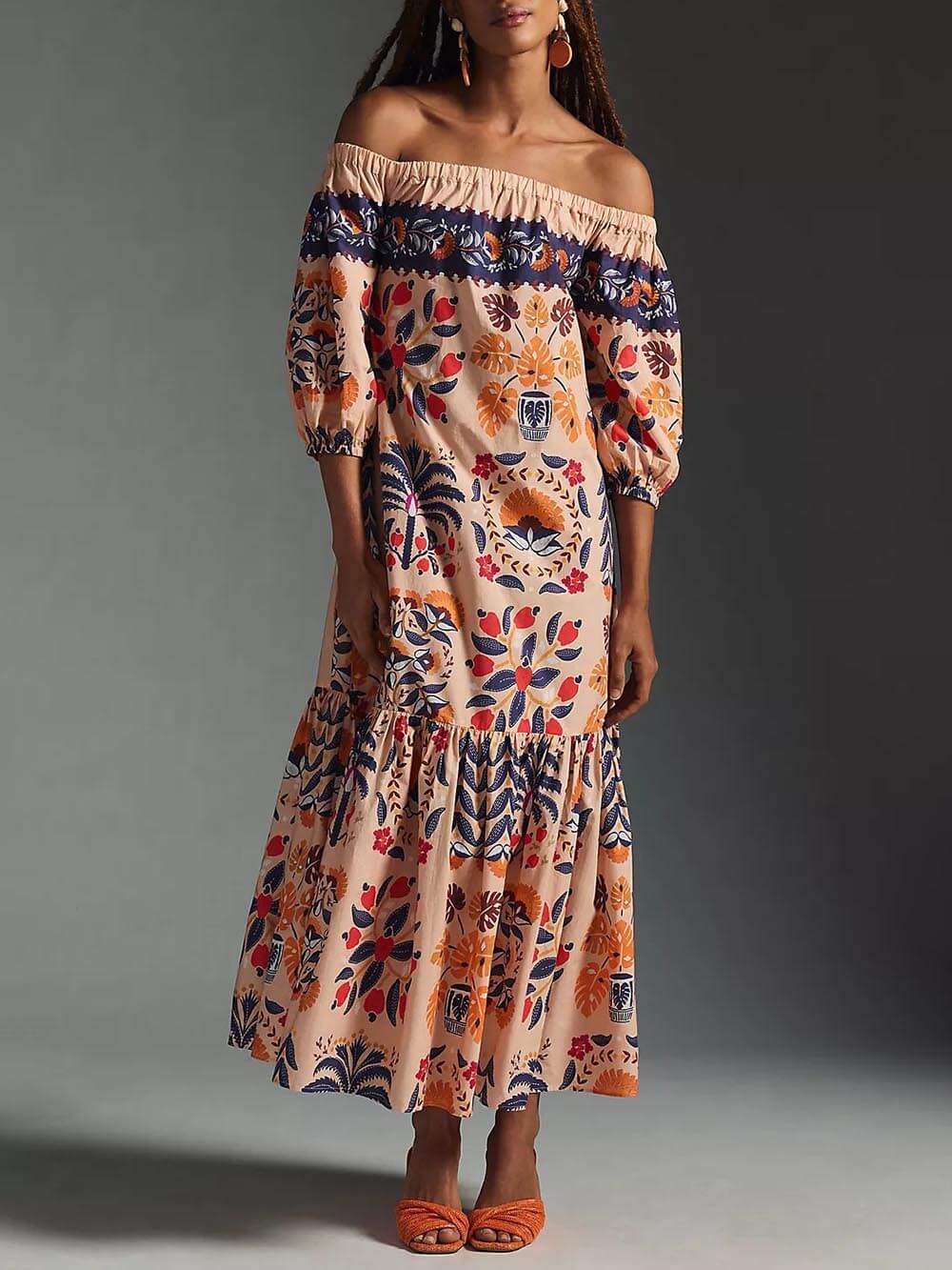 Retro Island Lover Printed Off The Shoulder Pocketed Flowy Midi Dress - Threadford
