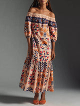 Retro Island Lover Printed Off The Shoulder Pocketed Flowy Midi Dress - Threadford