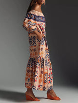 Retro Island Lover Printed Off The Shoulder Pocketed Flowy Midi Dress - Threadford