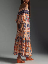 Retro Island Lover Printed Off The Shoulder Pocketed Flowy Midi Dress - Threadford