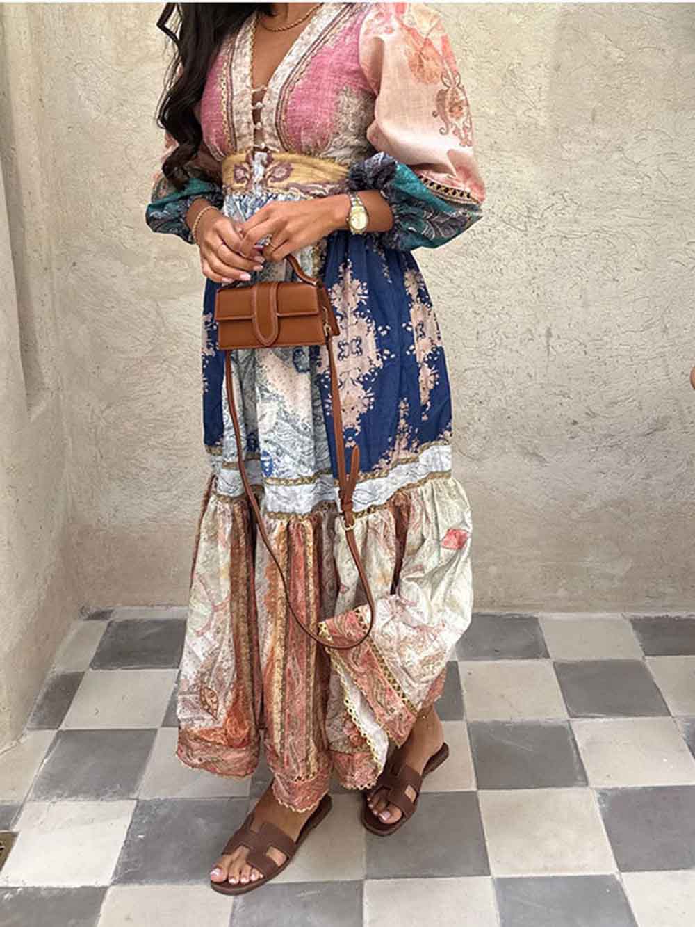 Retro Print Ethnic Style Puff Sleeve Holiday Maxi Dress - Threadford