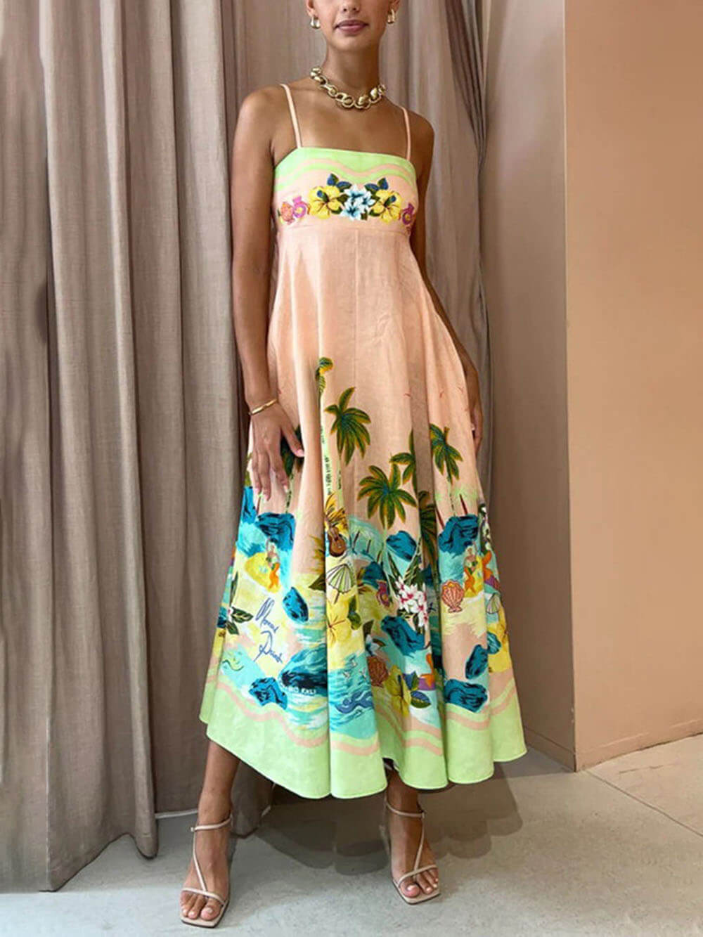 Sling Printed Casual Midi Dress - Threadford