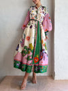 Unique And Beautiful Retro Print Long Sleeve Shirt-Style Midi Dress - Threadford