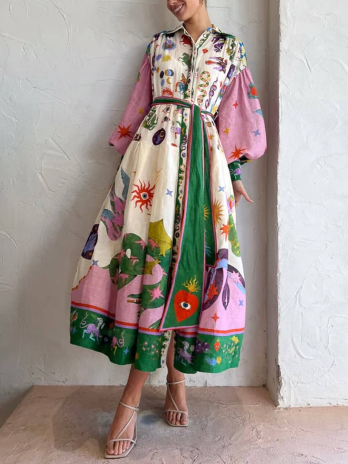 Unique And Beautiful Retro Print Long Sleeve Shirt-Style Midi Dress - Threadford