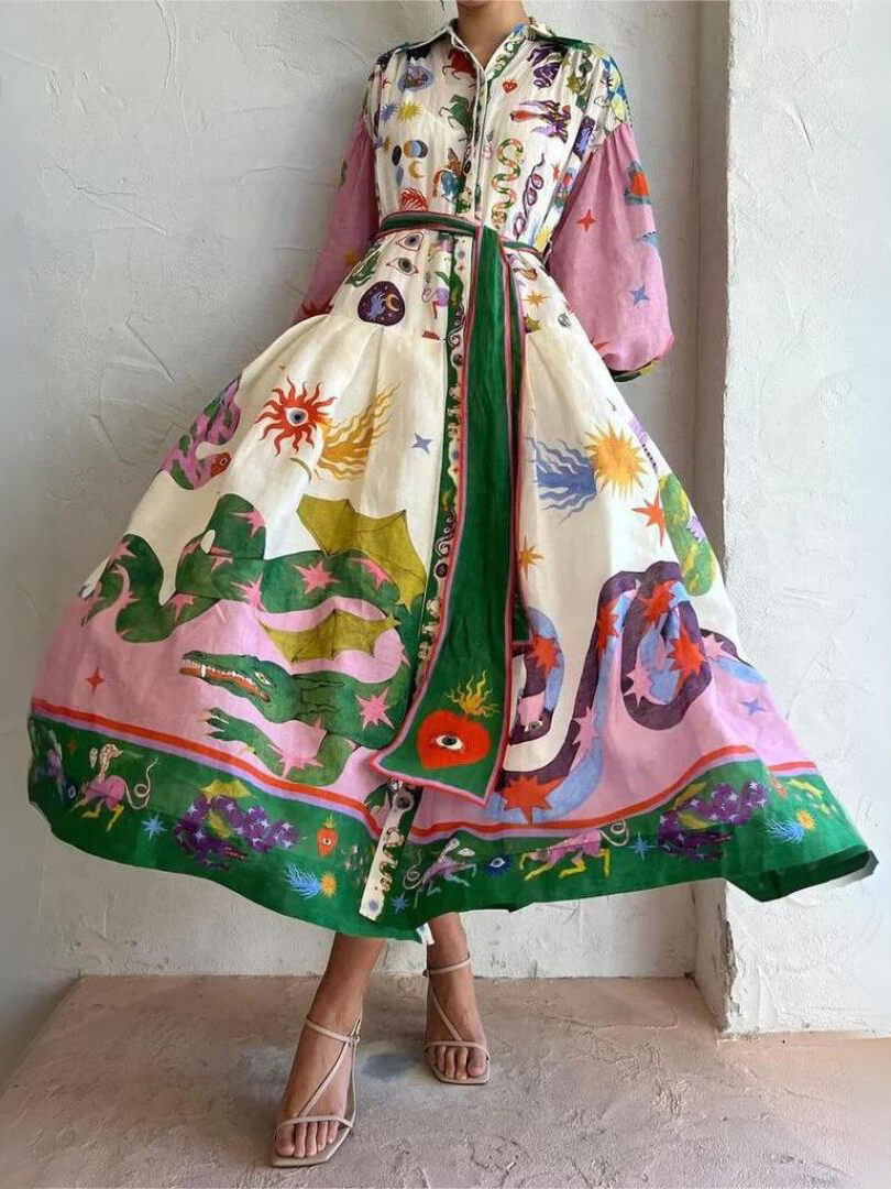 Unique And Beautiful Retro Print Long Sleeve Shirt-Style Midi Dress - Threadford