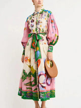 Unique And Beautiful Retro Print Long Sleeve Shirt-Style Midi Dress - Threadford