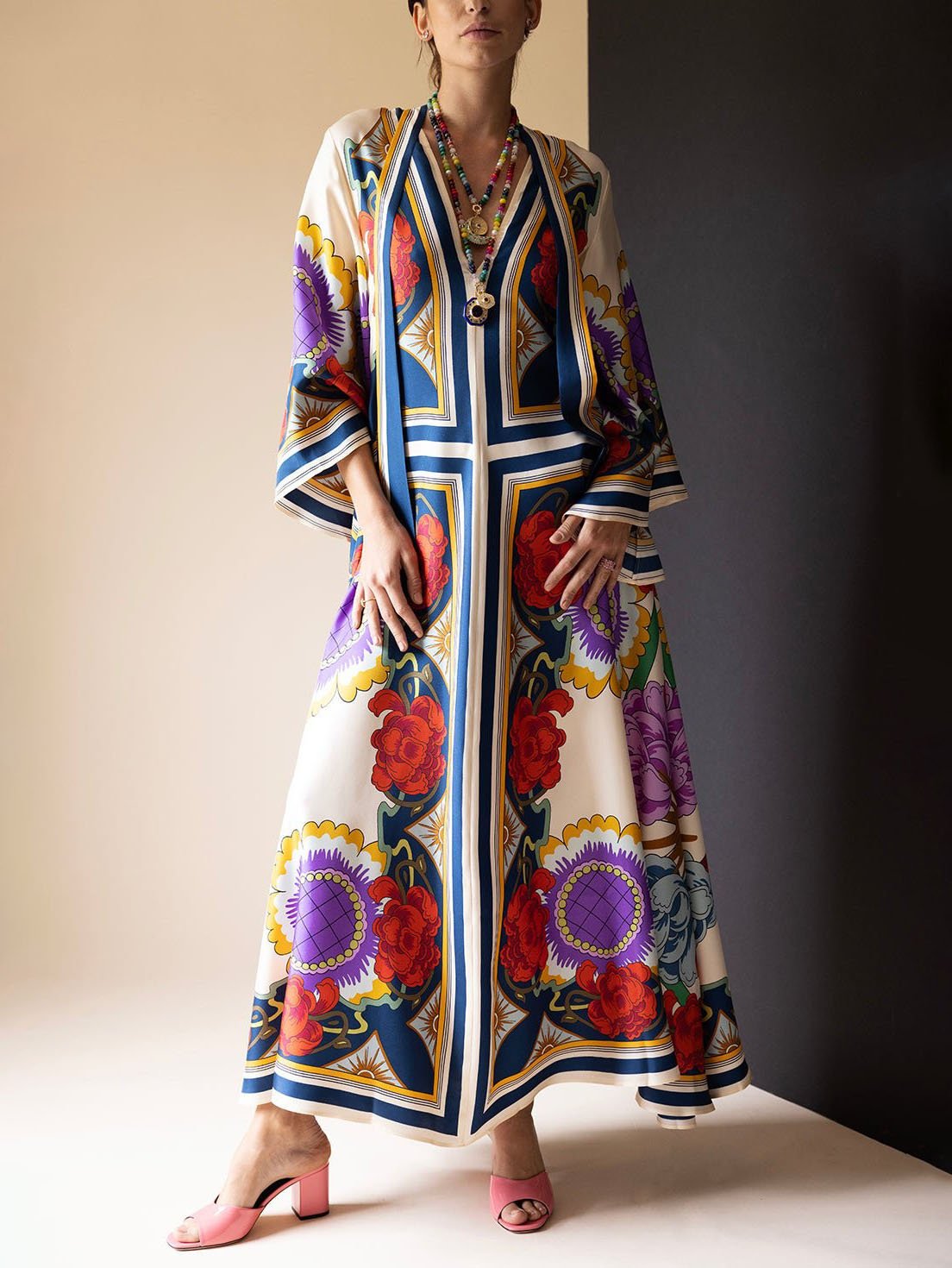 Unique Ethnic Floral Print Flowing Maxi Dress - Threadford