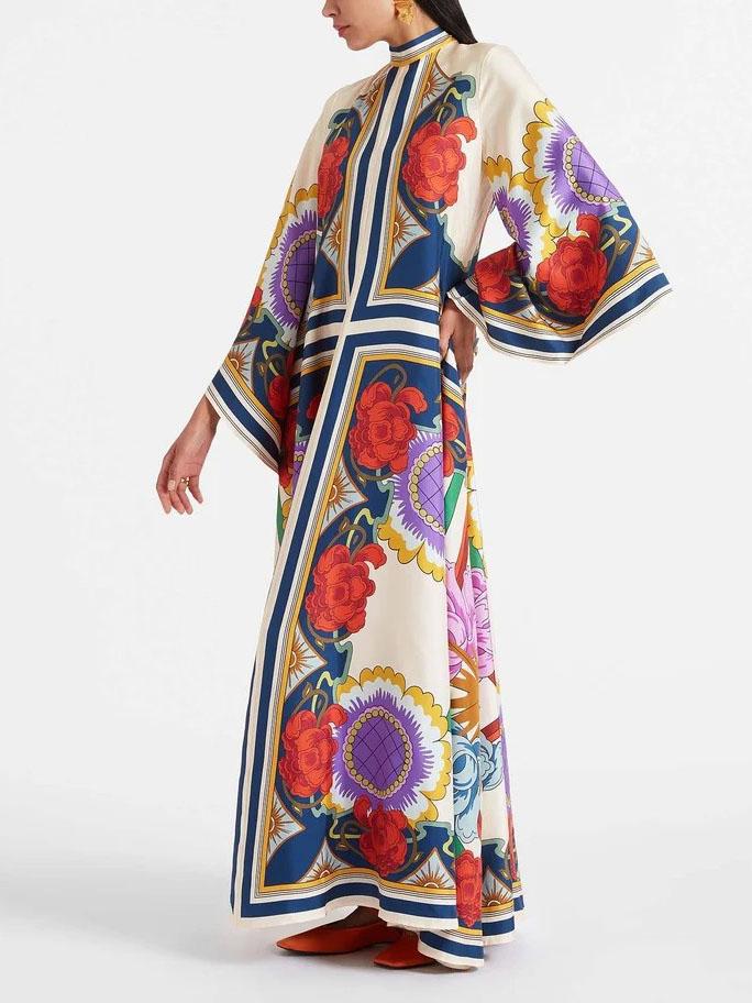 Unique Ethnic Floral Print Flowing Maxi Dress - Threadford