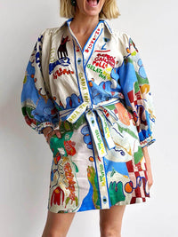 Mini abito con lacci e cardigan con stampa in lino unico
