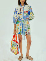 Unique Linen Print Cardigan Lace-Up Mini Dress - Threadford