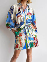 Unique Linen Print Cardigan Lace-Up Mini Dress - Threadford