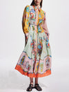 Unique Print Colorblock Balloon Sleeve Belt Shirt Midi Dress - Threadford