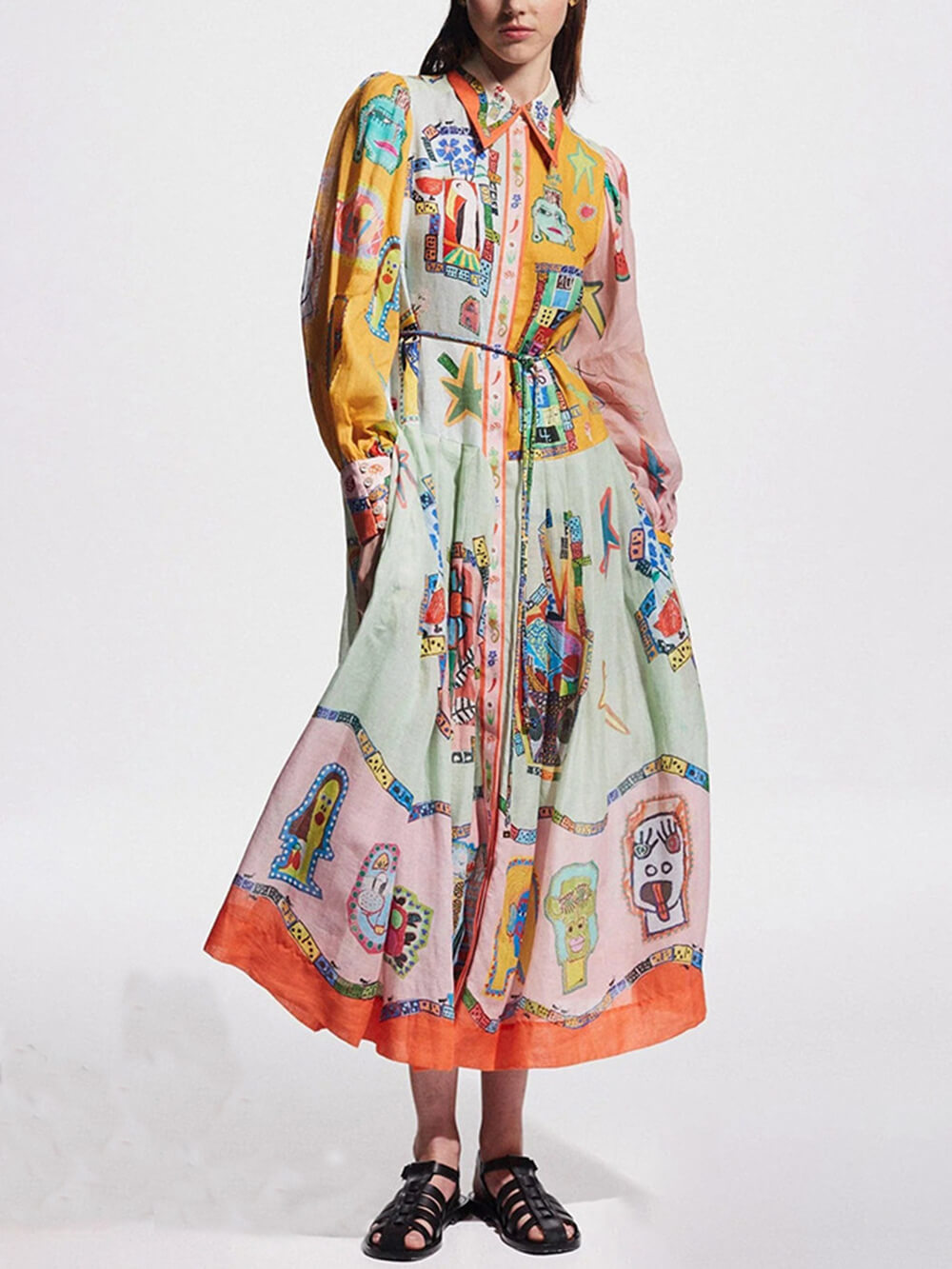 Unique Print Colorblock Balloon Sleeve Belt Shirt Midi Dress - Threadford