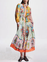 Unique Print Colorblock Balloon Sleeve Belt Shirt Midi Dress - Threadford