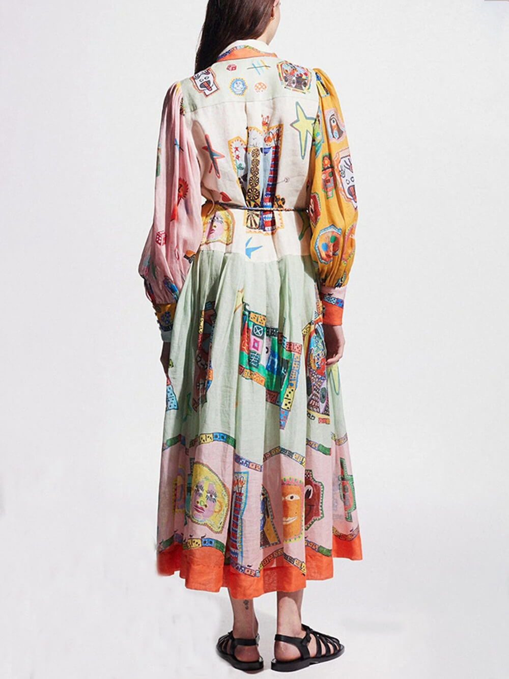 Unique Print Colorblock Balloon Sleeve Belt Shirt Midi Dress - Threadford