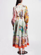 Unique Print Colorblock Balloon Sleeve Belt Shirt Midi Dress - Threadford