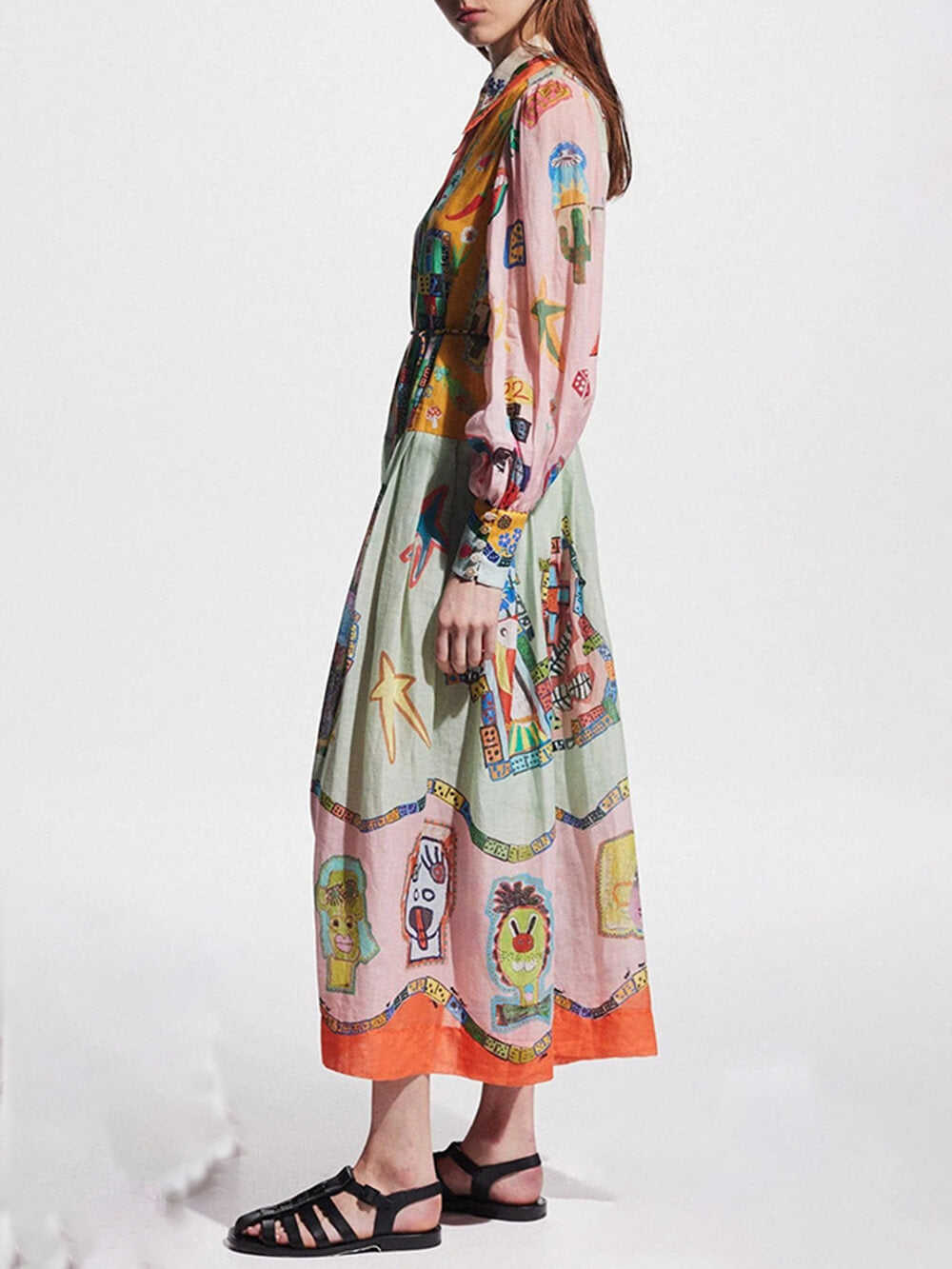 Unique Print Colorblock Balloon Sleeve Belt Shirt Midi Dress - Threadford