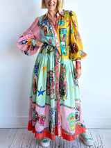 Unique Print Colorblock Balloon Sleeve Belt Shirt Midi Dress - Threadford