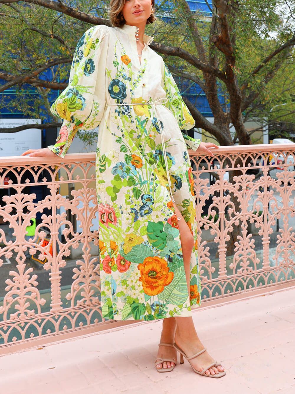 Unique Print Lantern Sleeve Cream Cardigan Style Shirt Dress - Threadford
