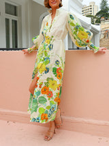 Unique Print Lantern Sleeve Cream Cardigan Style Shirt Dress - Threadford