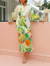 Unique Print Lantern Sleeve Cream Cardigan Style Shirt Dress - Threadford