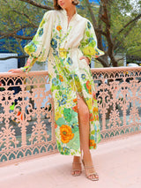 Unique Print Lantern Sleeve Cream Cardigan Style Shirt Dress - Threadford
